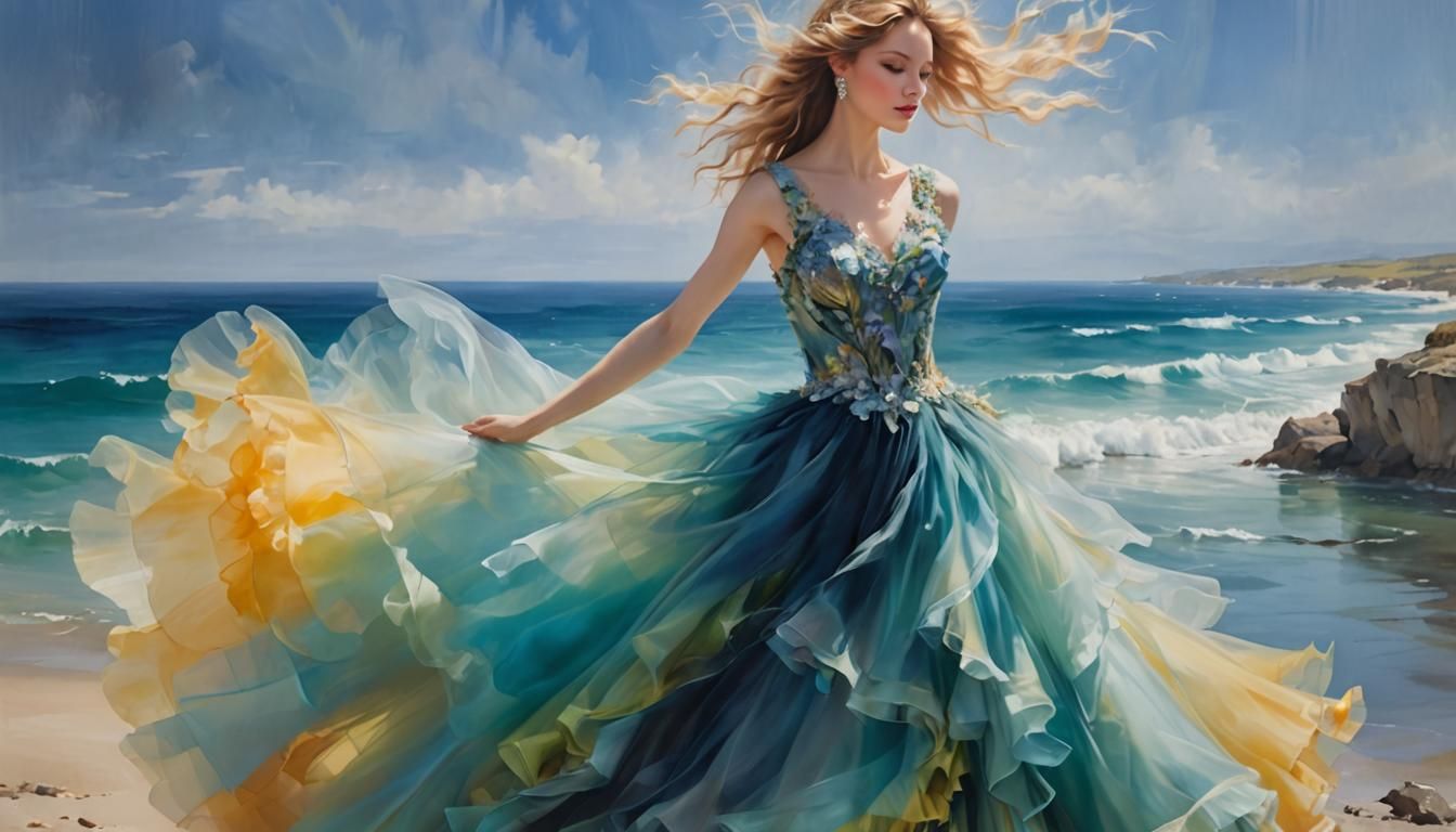 Woman in Tulle Dress at Sea, Razumovskaya Style