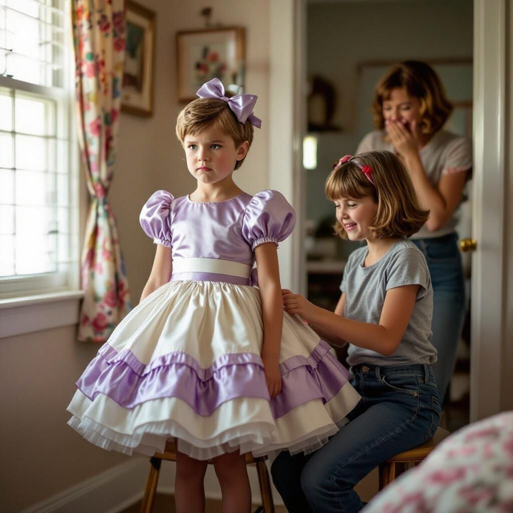Boy in Flower Girl Dress, 1960s Scene