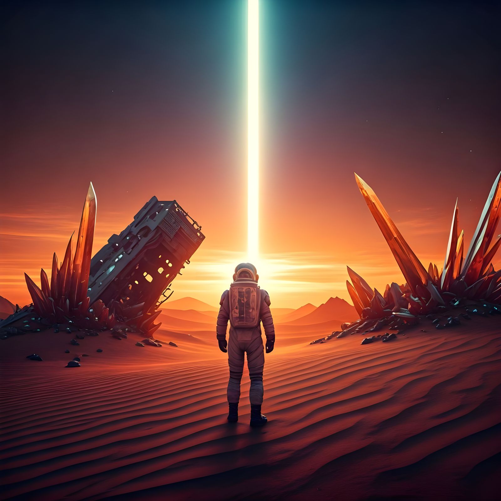 Astronaut on Alien Planet Gazing at Binary Sunset