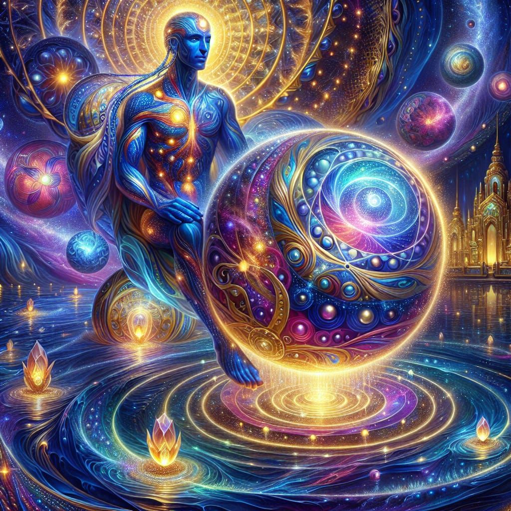 This image depicts divine beings in resplendent armor, surro...