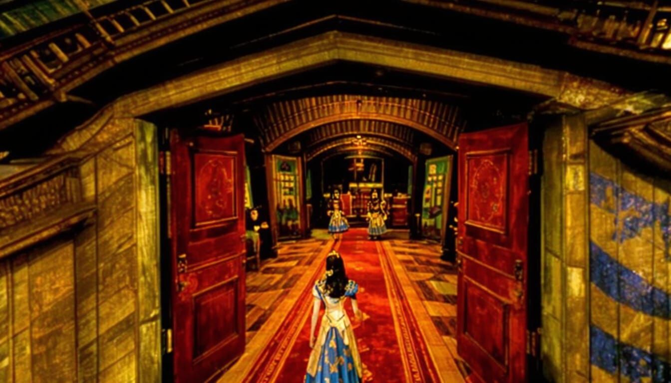 Alice in Steampunk Hallway with Card Men