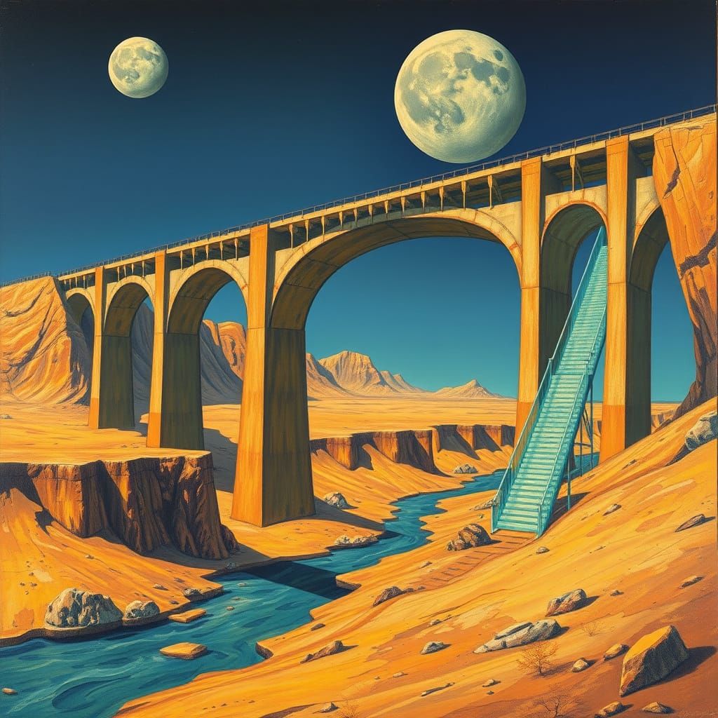 Surreal Bridge to Fractured Moons: Oil Painting
