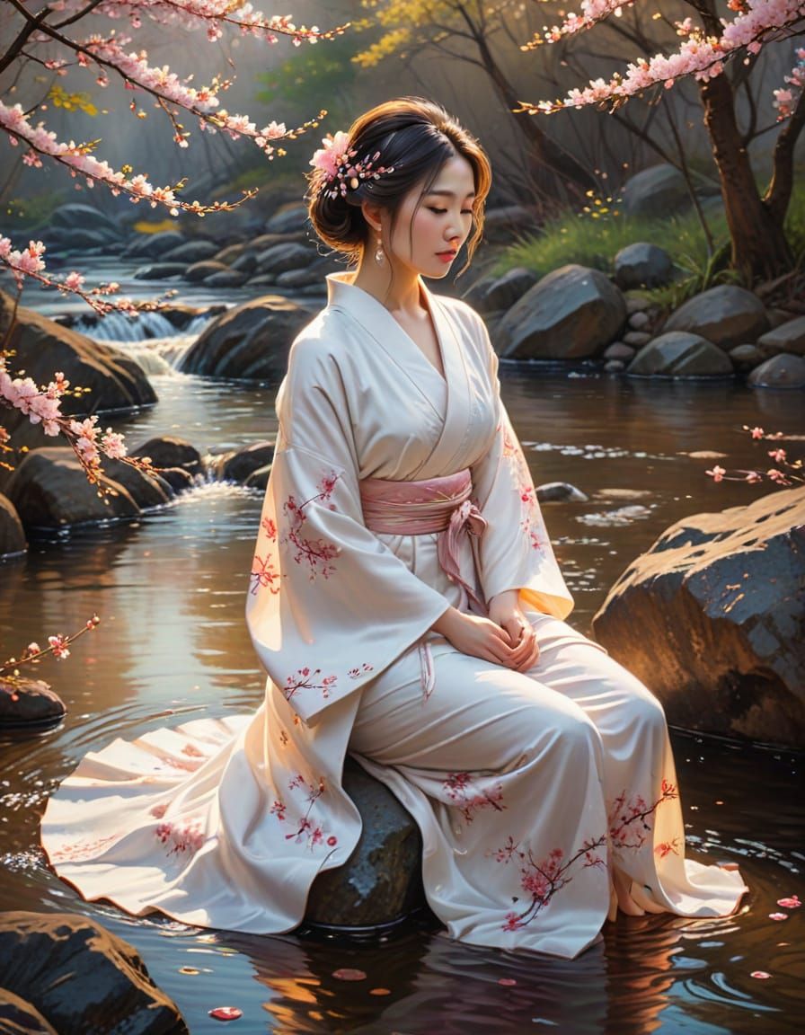 Japanese Lady in Kimono: Oil Painting