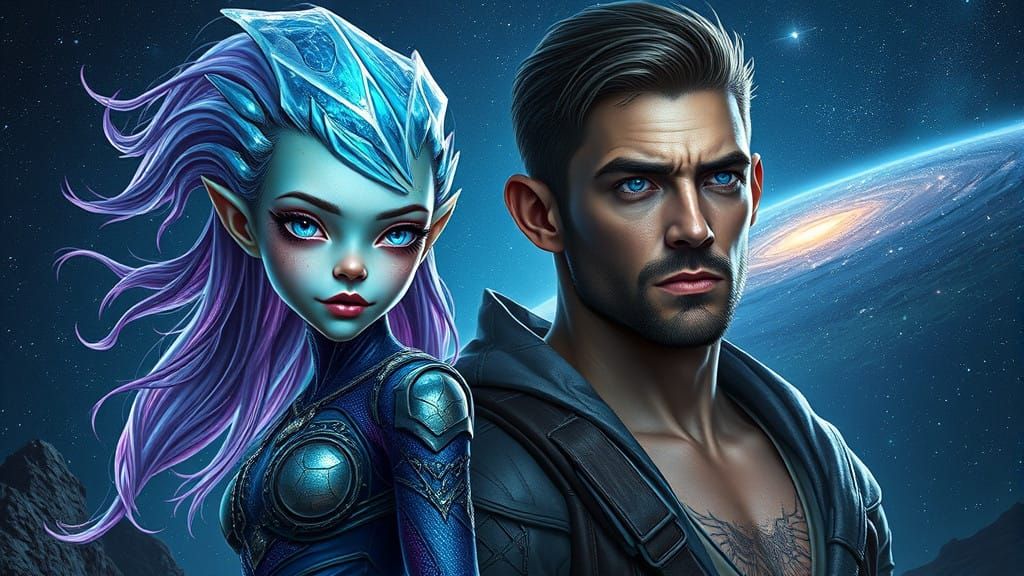 Glowing Alien Goddess Embraces Strong Human Hero in Futurist...