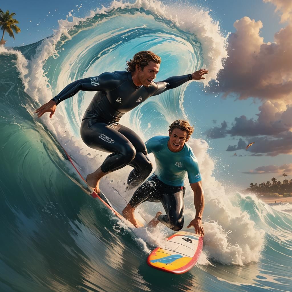 Hyperrealistic Surfer Riding a Colorful Wave