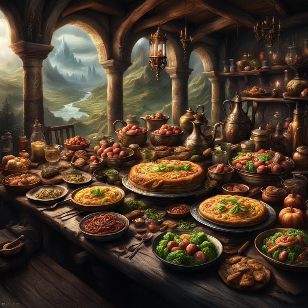 Delicious Elvish Food in a Maximalist Digital Painting