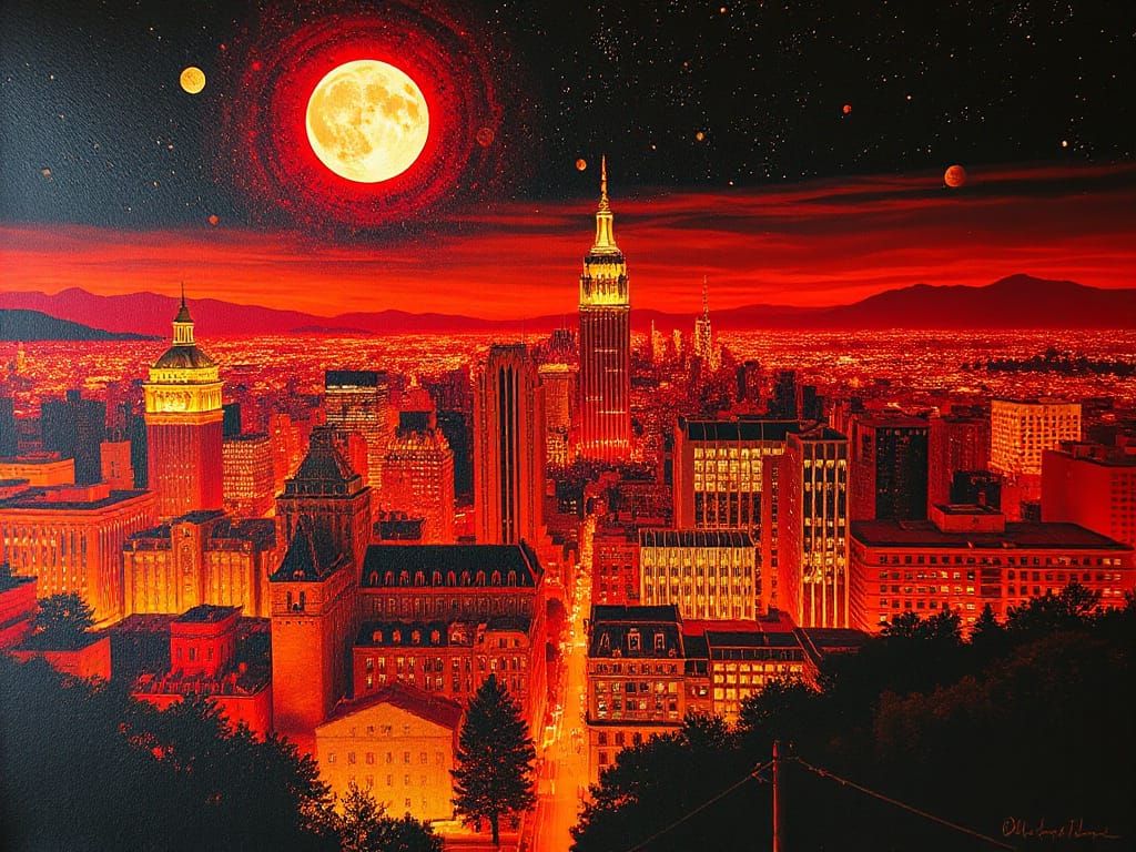 Magical Red and Gold Cityscape with Bioluminescent Moon