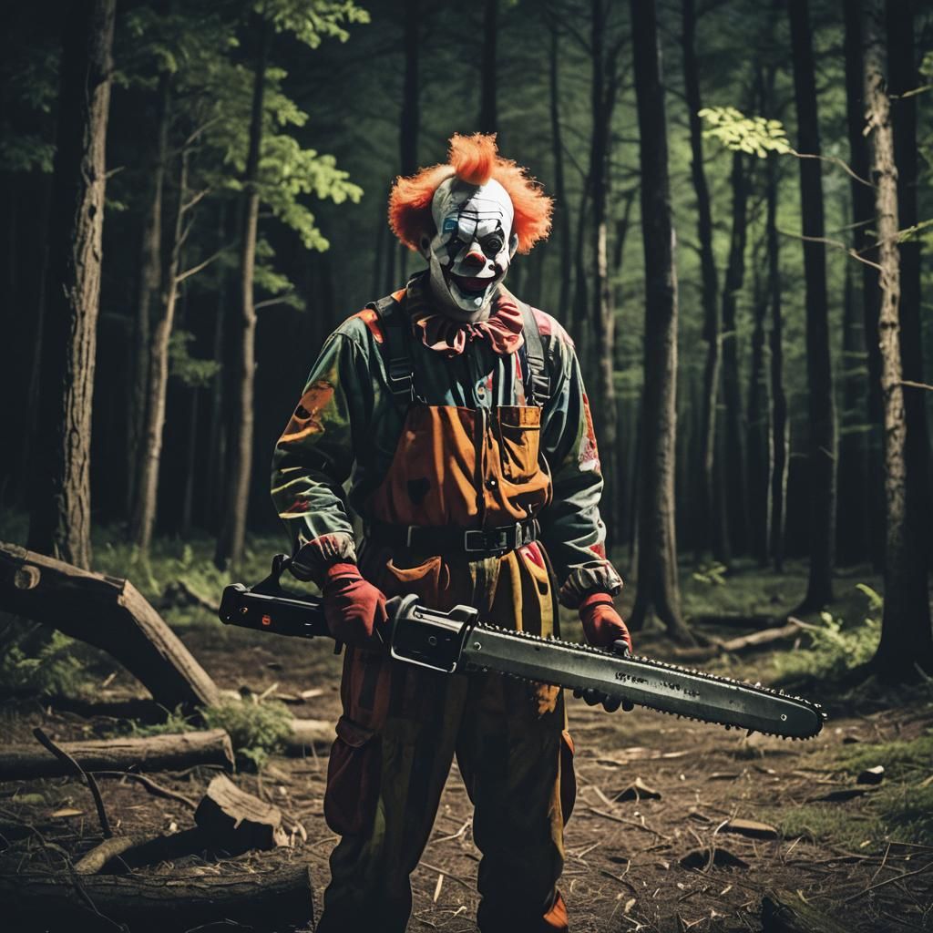 Menacing Clown with Chainsaw in Dark Woods