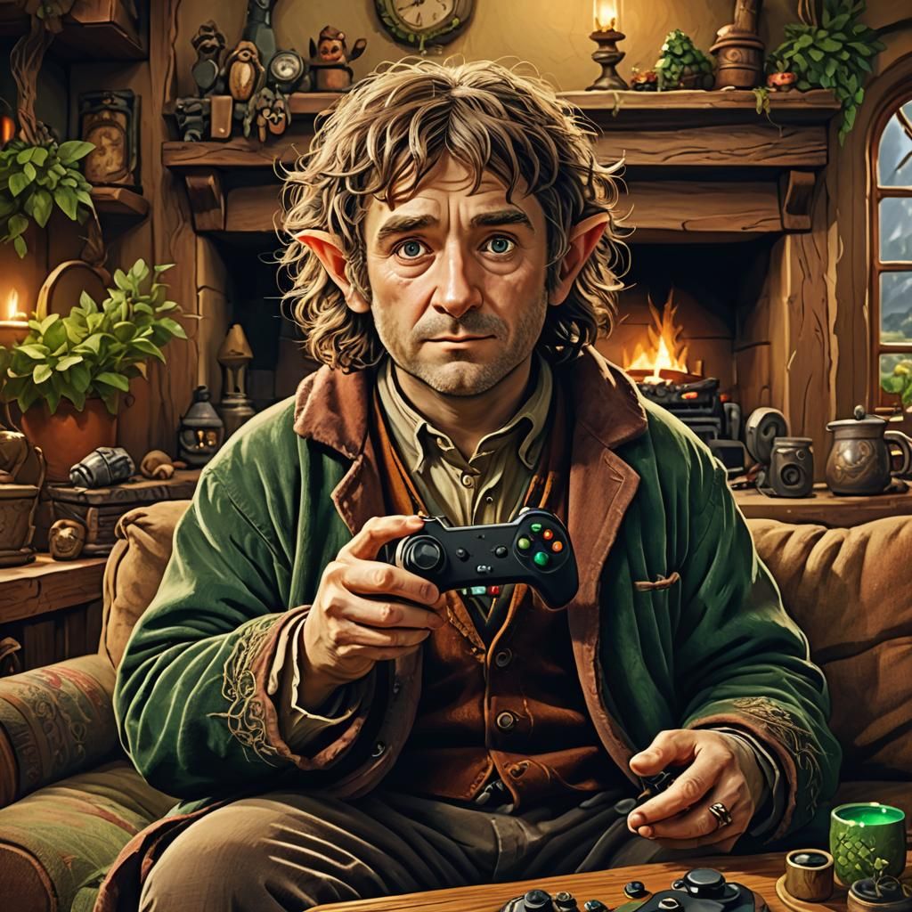 Hobbit Playing Xbox in Cozy Living Room