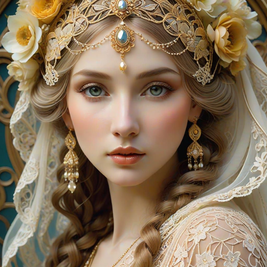 Art Nouveau Portrait of Girl with Lace Veil