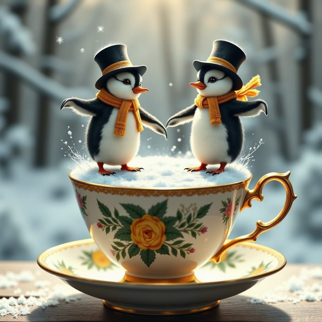 <lora:AJA-Teacup Worlds:1.0> 2 miniature penguins ice skating in a teacup