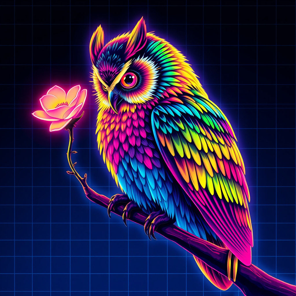 Rainbow Owl with Glowing Flower in Synthwave Style