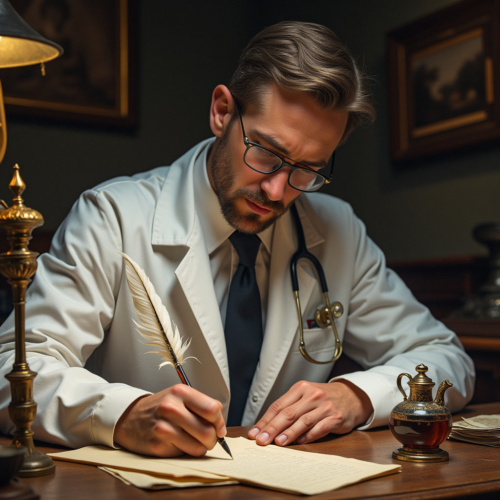 Doctor Writes with Quill in Detailed Portrait