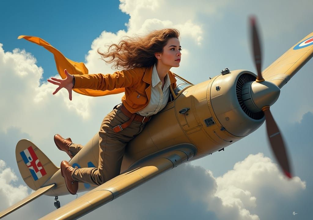 Amelia Earhart Soaring Through Clouds in Hyperrealistic Pain...