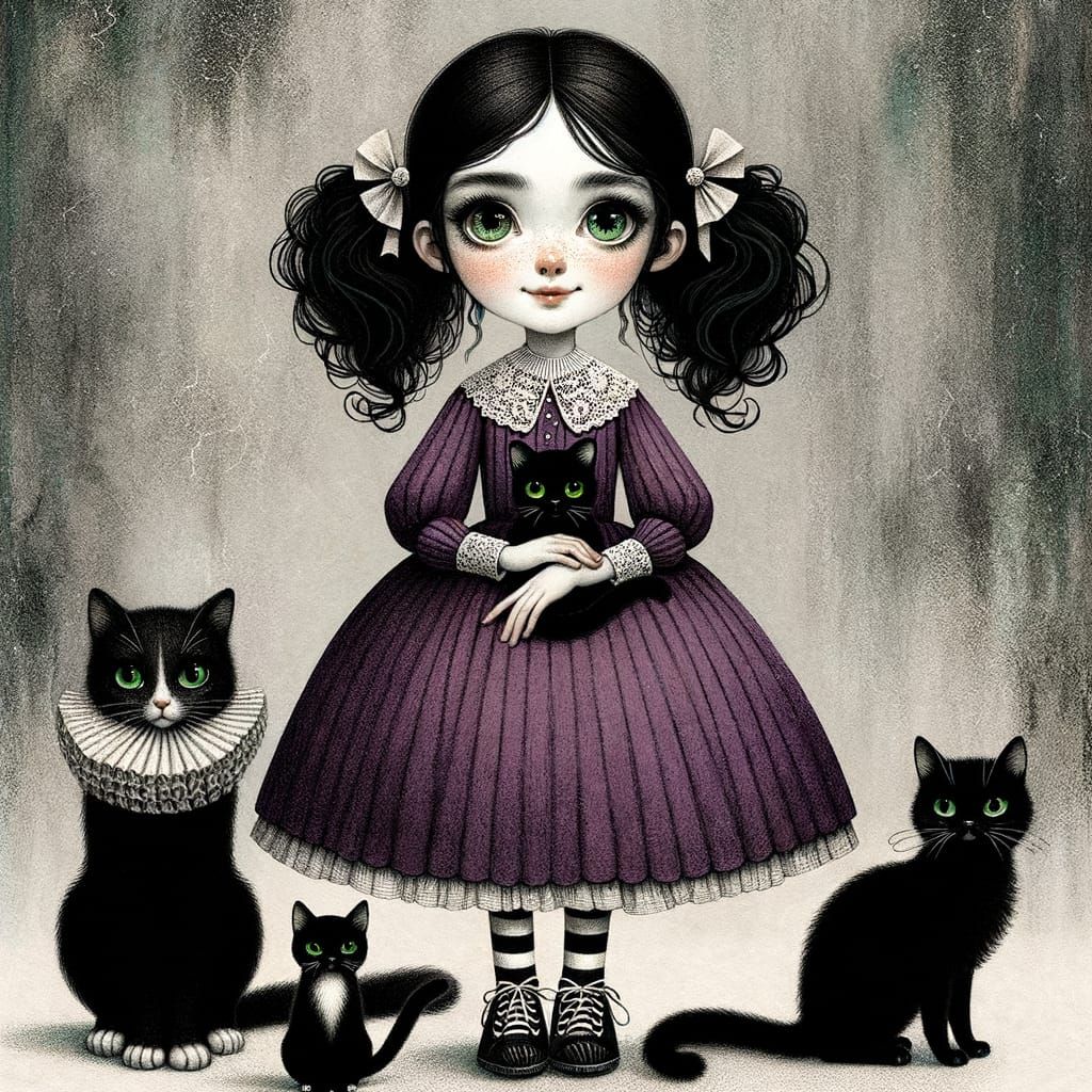Eerie Whimsical Girl with Cats in Late 19th Century Style