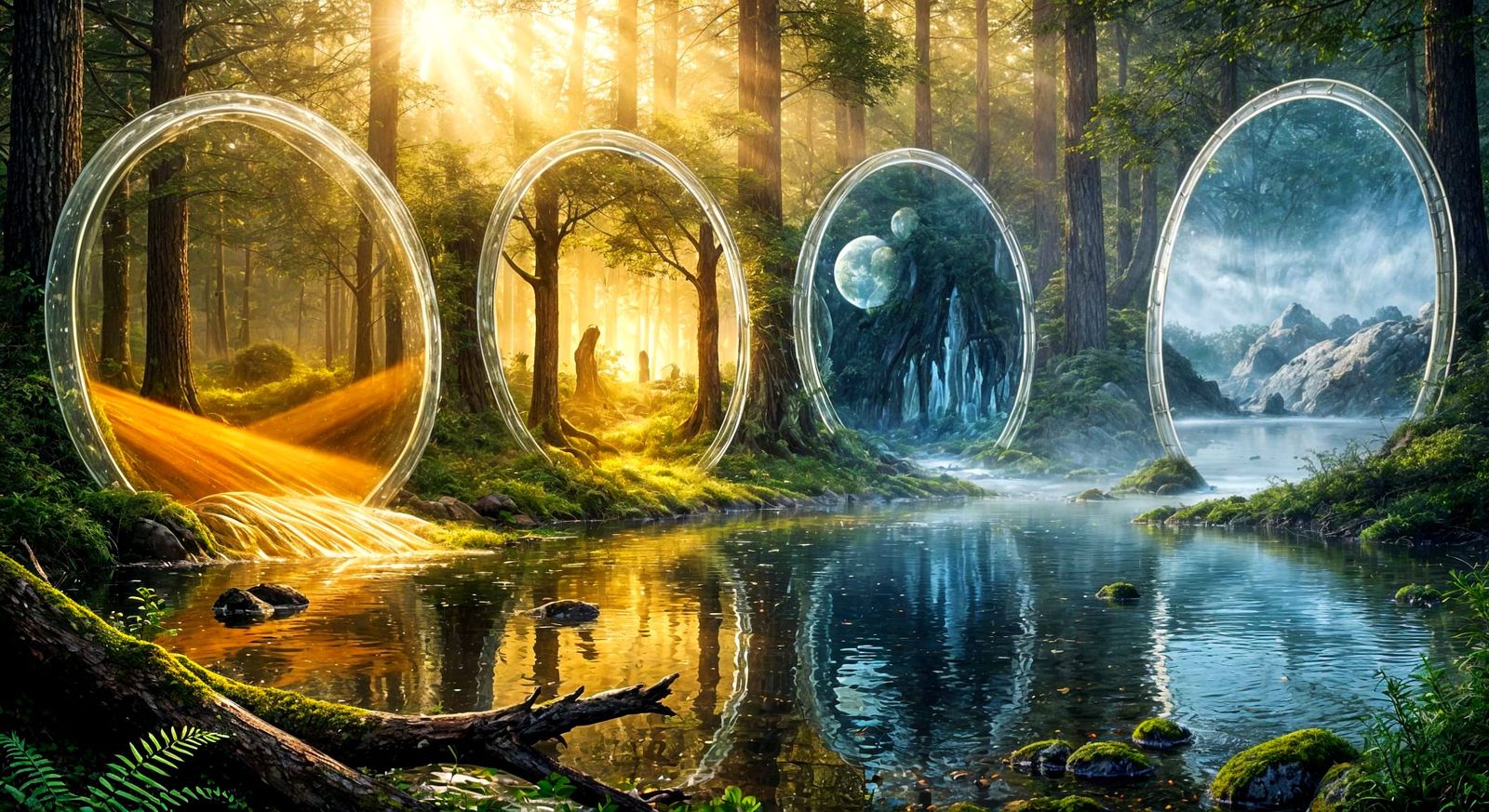 Surreal Forest Riverbank with Portal Views