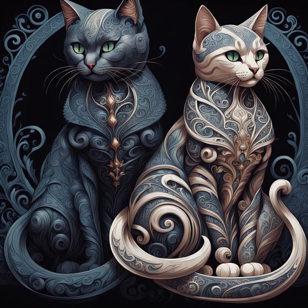 Male and female pilgrim cats made from swirls designs and pa...