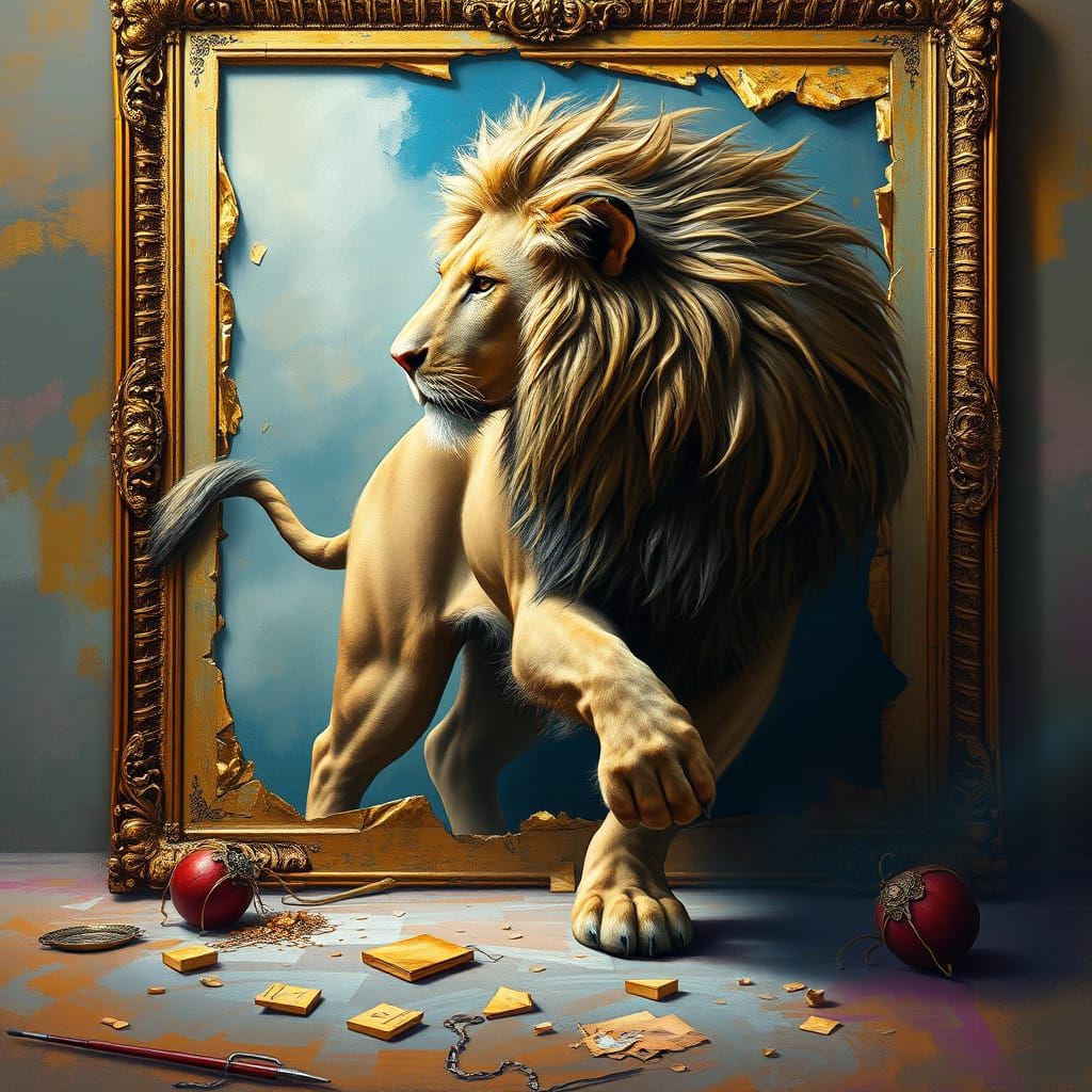 Majestic Lion Emerges from Art Canvas in 19th-Century Oil Pa...