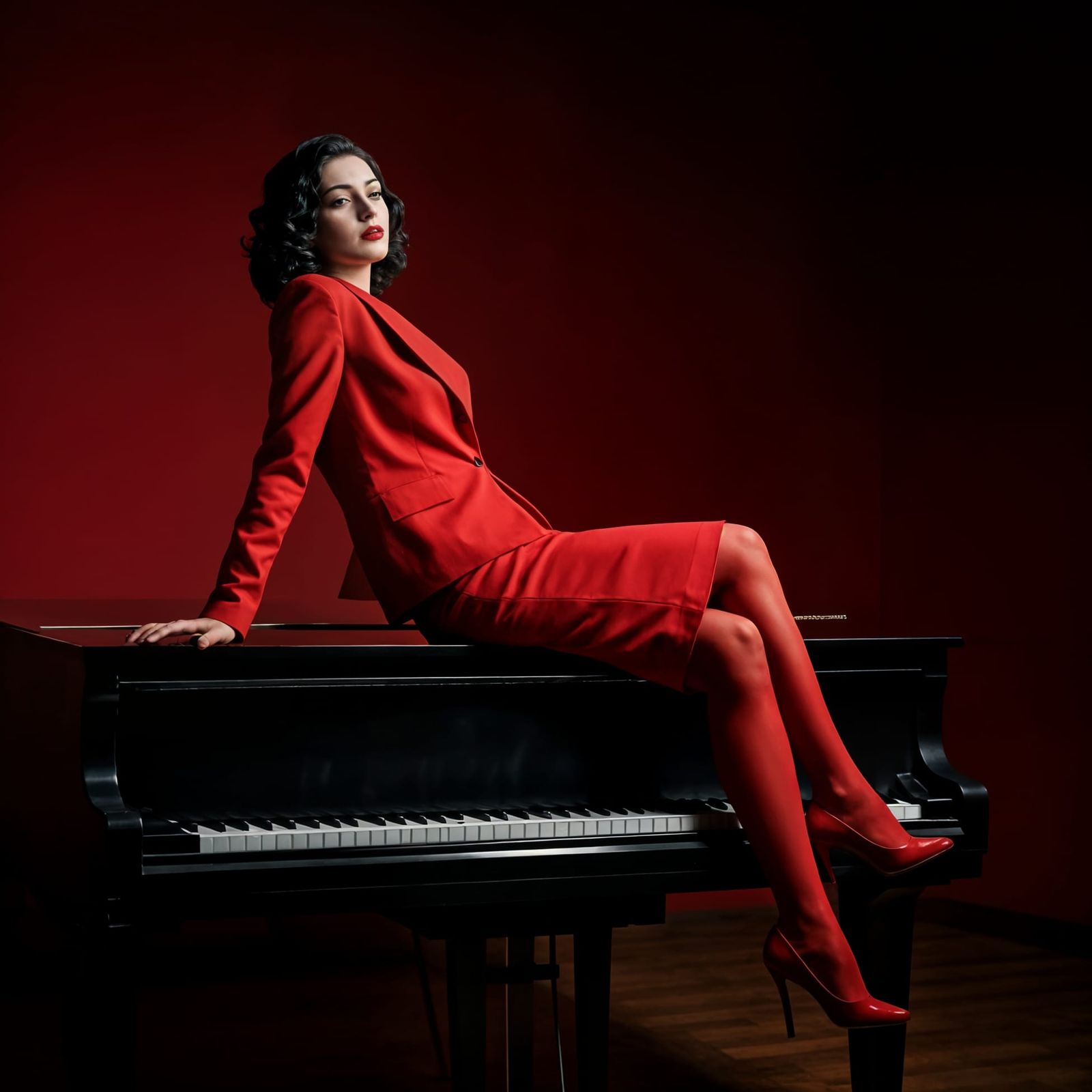 Elegant Woman in Red Suit on Black Piano in Chiaroscuro Styl...