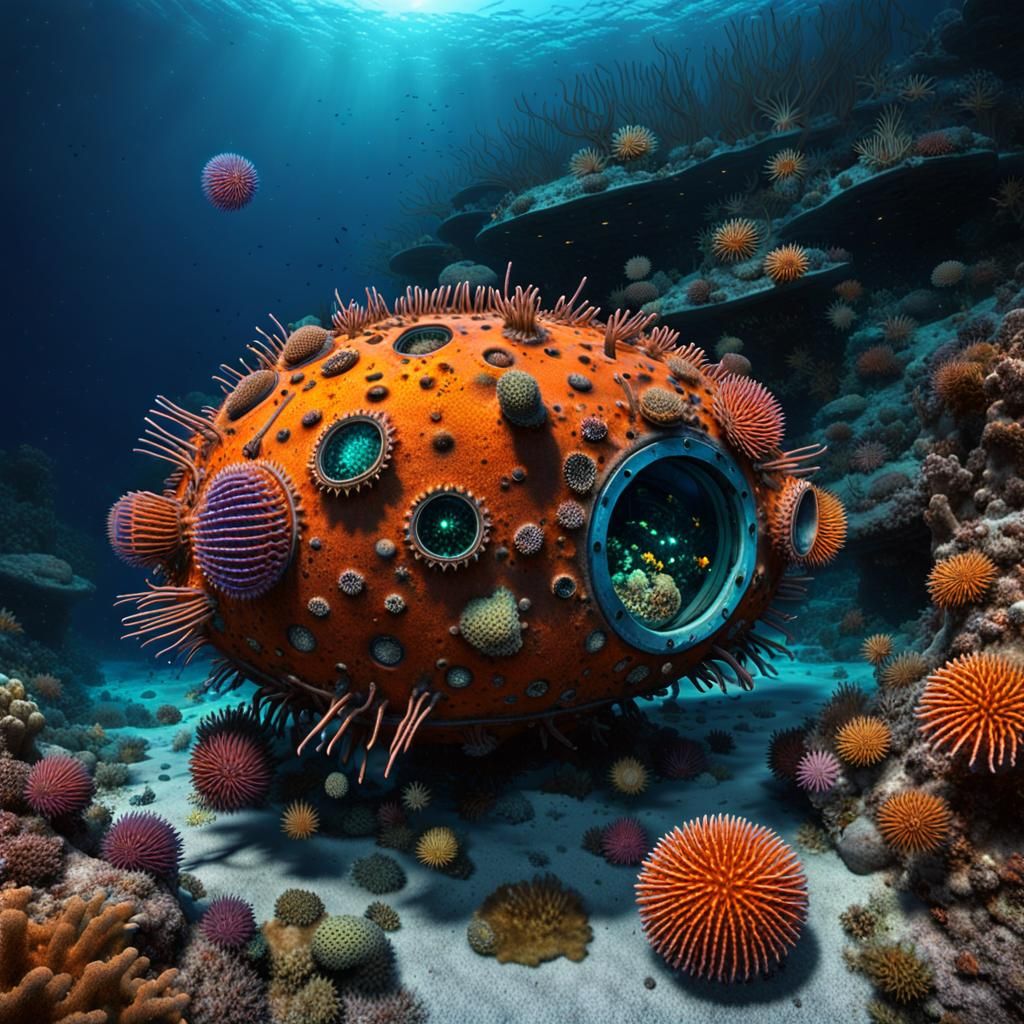 Bioluminescent Sea Life Encrusted Submarine Fantasy