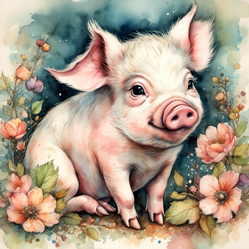 Adorable Baby Pig in Vintage Watercolour Illustration