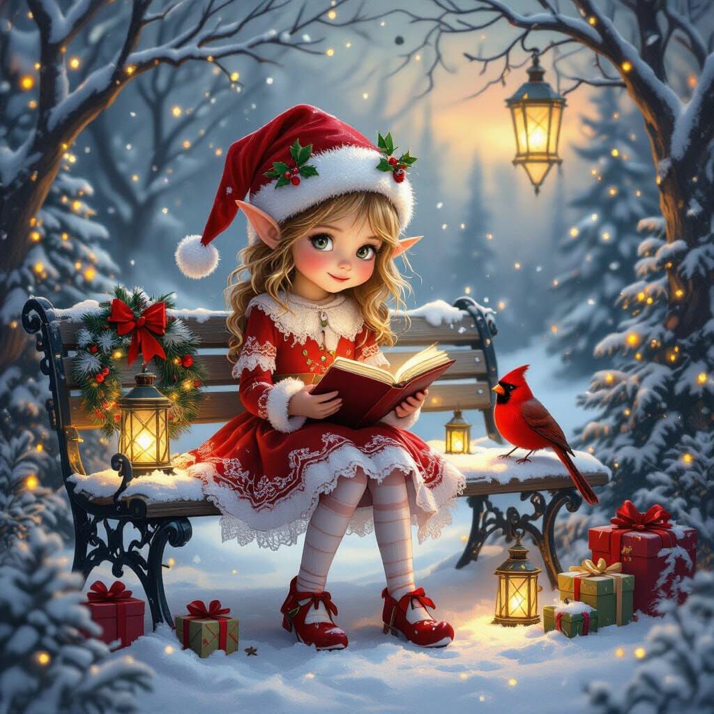 Whimsical Elf Girl on Snowy Bench with Cardinal