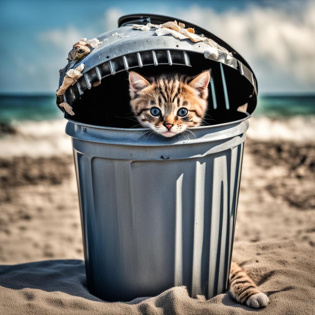 Hyperrealistic Kitten in Beach Trash Can