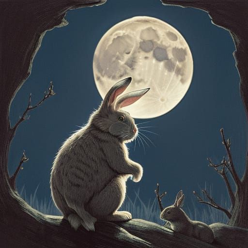 Rabbit Crying in Moonlight: Engraving Style