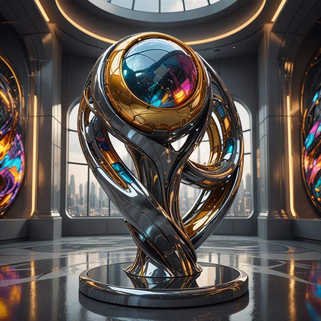 Sculpture of Interconnected Chrome Forms in a Modern Art Gal...