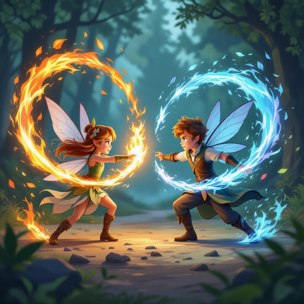 Fairy Children Practice Elemental Magic in Forest