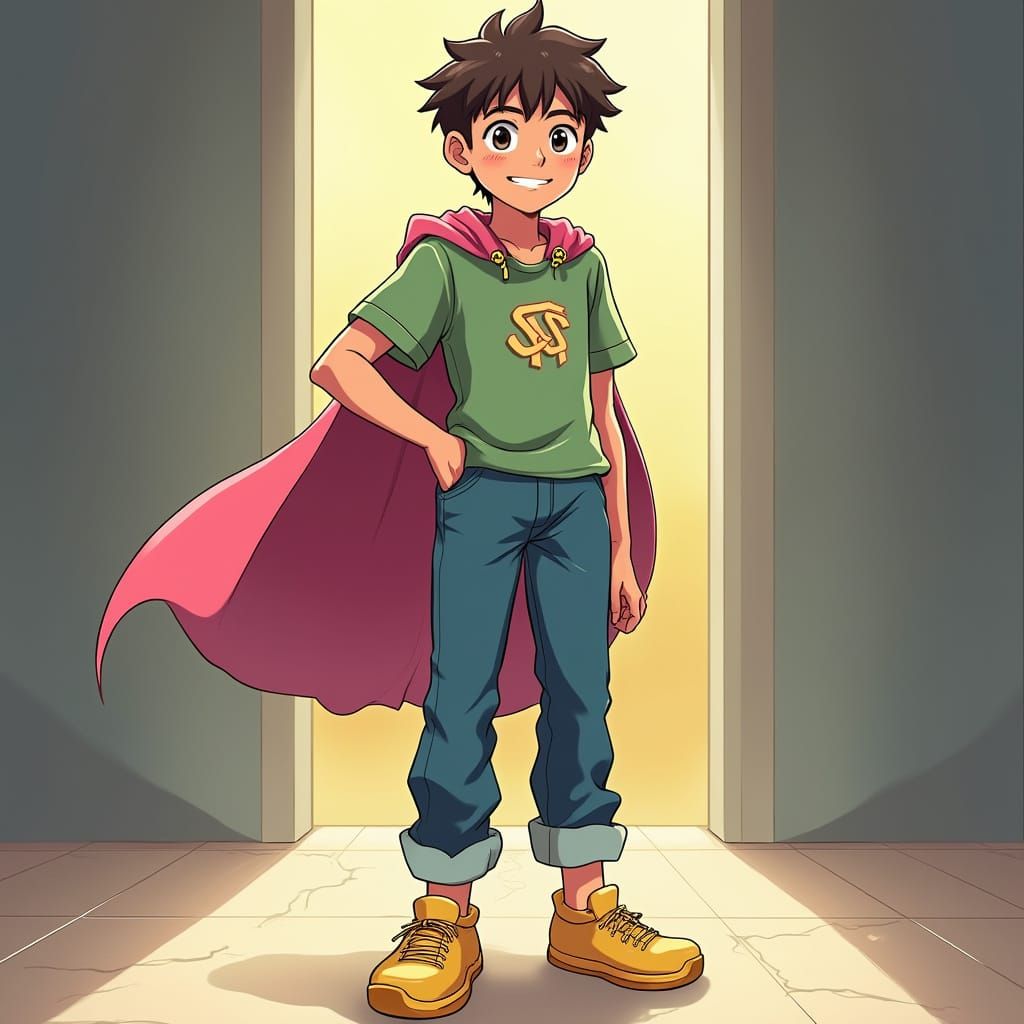 Young Green Hero Offers Hope in Vibrant Anime-Inspired Art