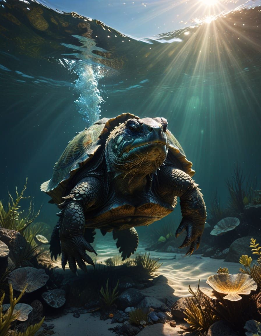 Giant Turtle Glides Through Dark Underwater Realm