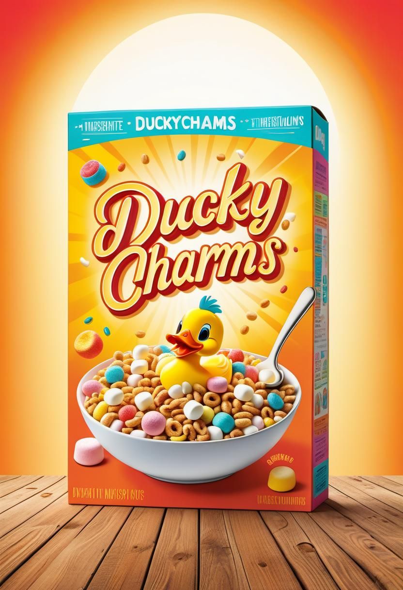 Ducky Charms Cereal Box in Retro-Futurist 3D Typography