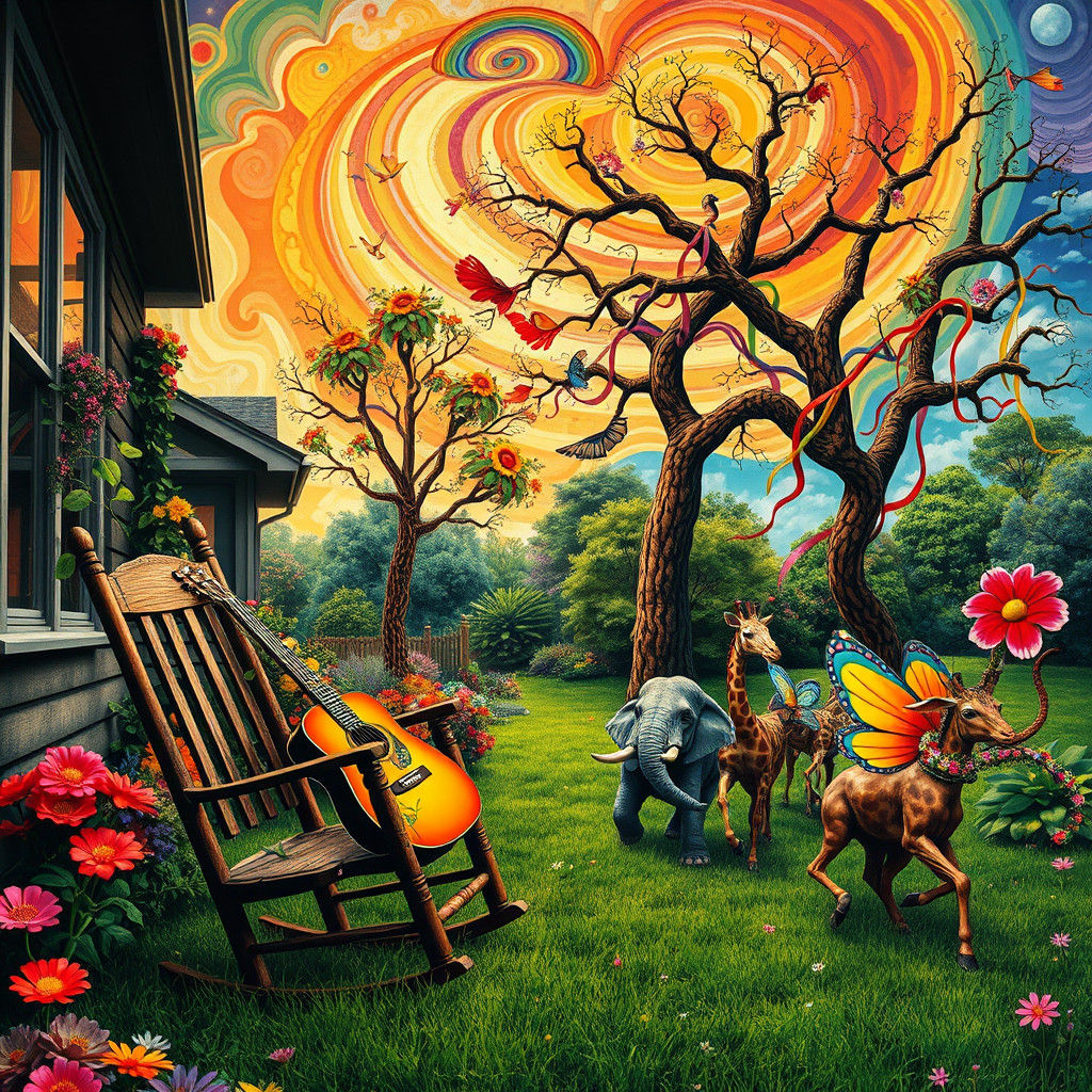 Surreal Backyard Dreamscape with Psychedelic Flowers