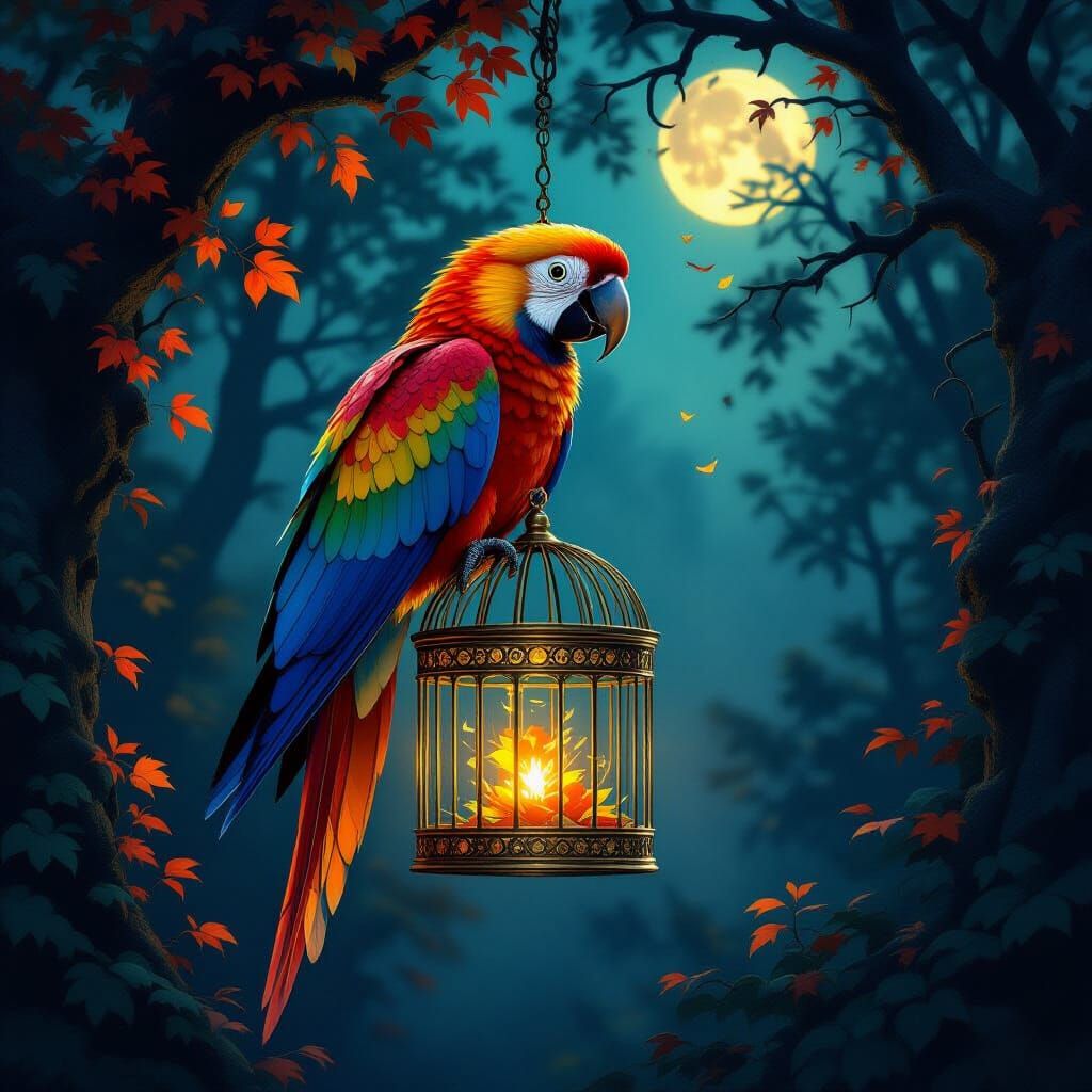 Majestic Parrot in Ethereal Autumn Forest