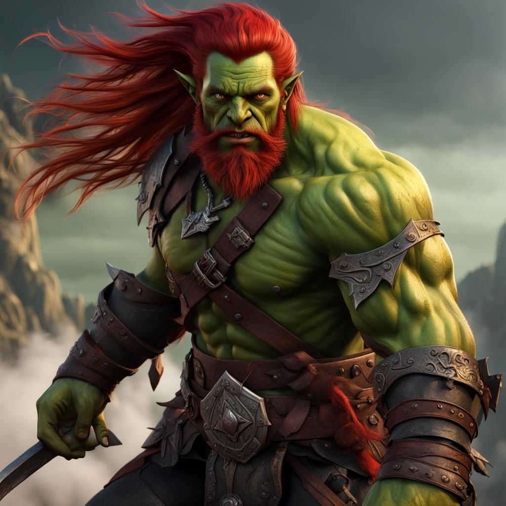 Half-Orc Fighter Portrait in Detailed Matte Painting Style