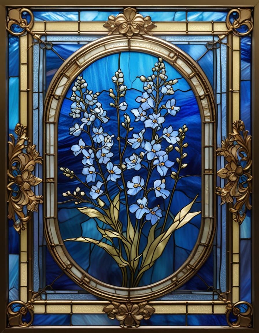 Stained Glass Bouquet of Larkspur and Baby's Breath in Gold ...