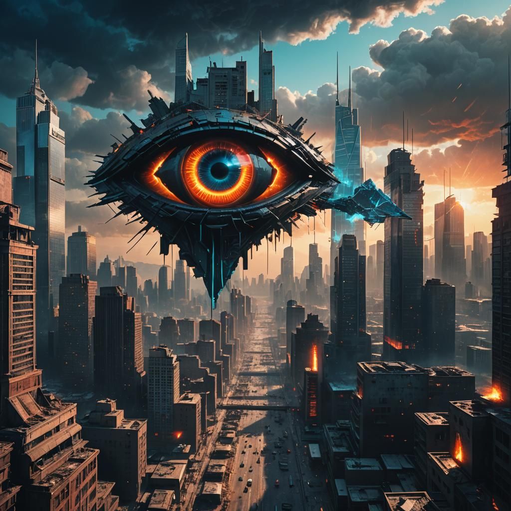 Dystopian Surveillance Eye in Ruined Cityscape