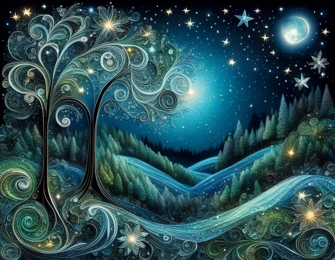 Sparkling Compassion Word Art in Starry Forest