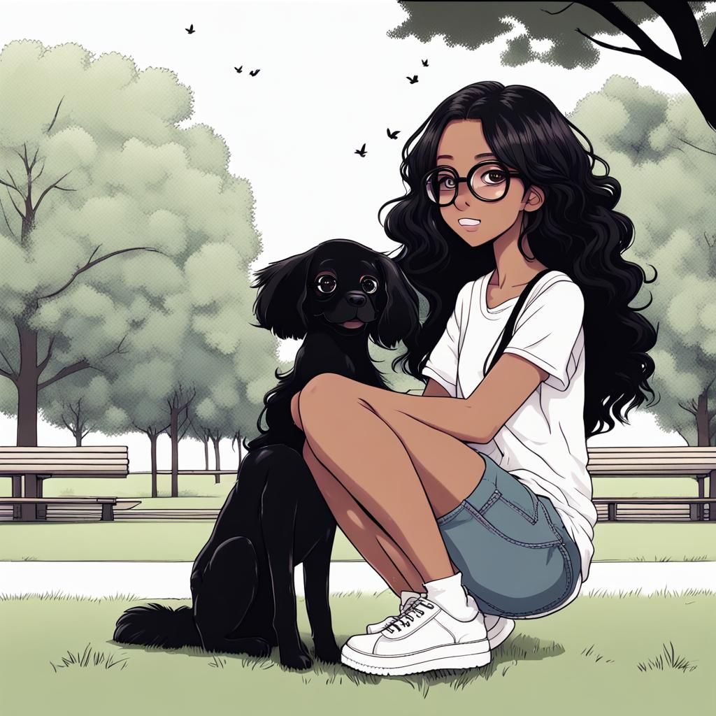 Cute Manga Girl with Puppy at the Park