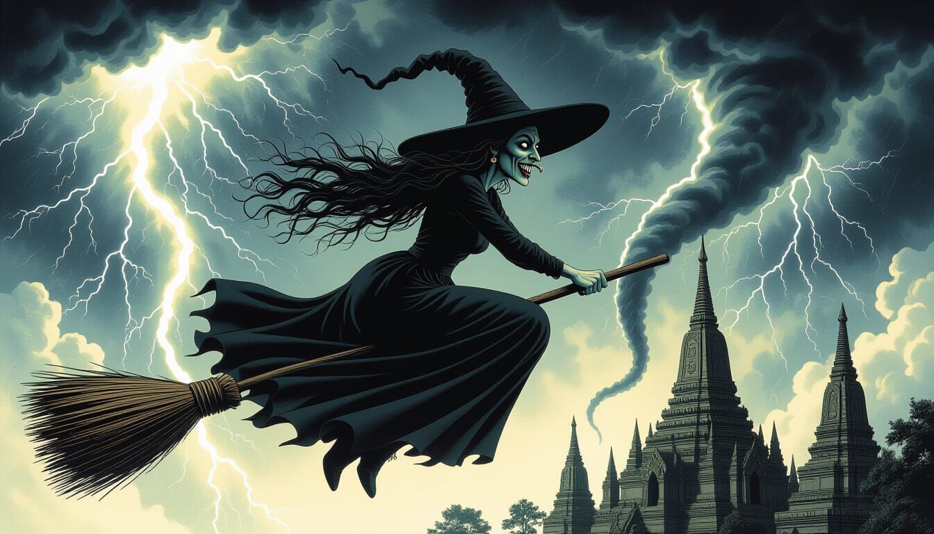 Classic Witch Flying Before Ancient Stupa