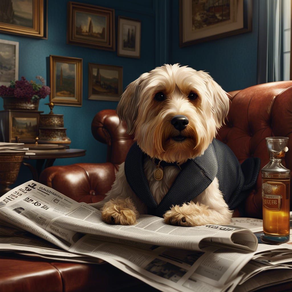 Dog Reads Newspaper as Oil Painting