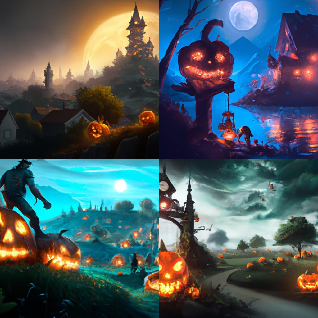 Halloween Scene: Jack-o-Lanterns, Ghosts, and Cemetery