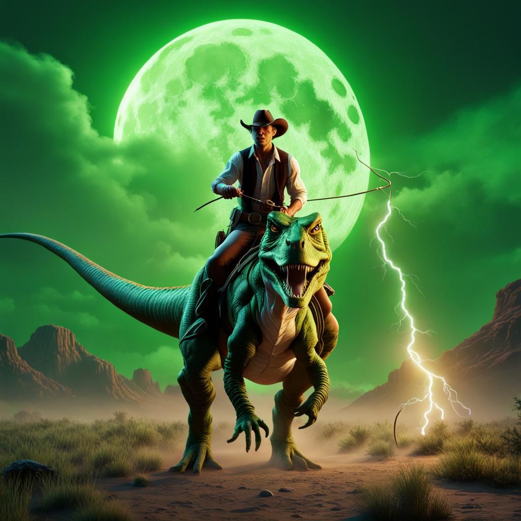 Cowboy Lassos T-Rex Under Lightning Sky