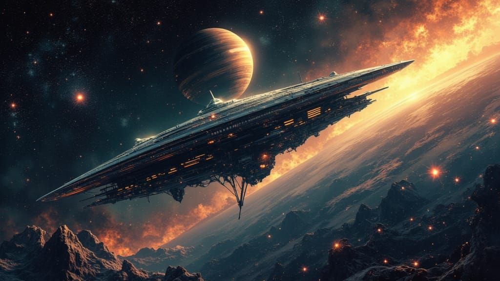 Cosmic Dread: Spaceship with Electronic Eye Near Ringed Plan...