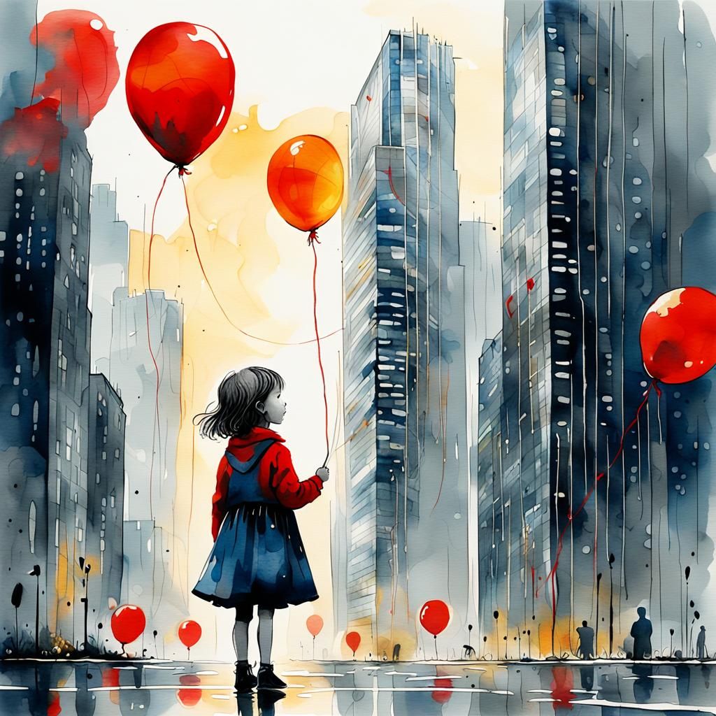 Girl with Red Balloon in Minimalist Watercolor Art