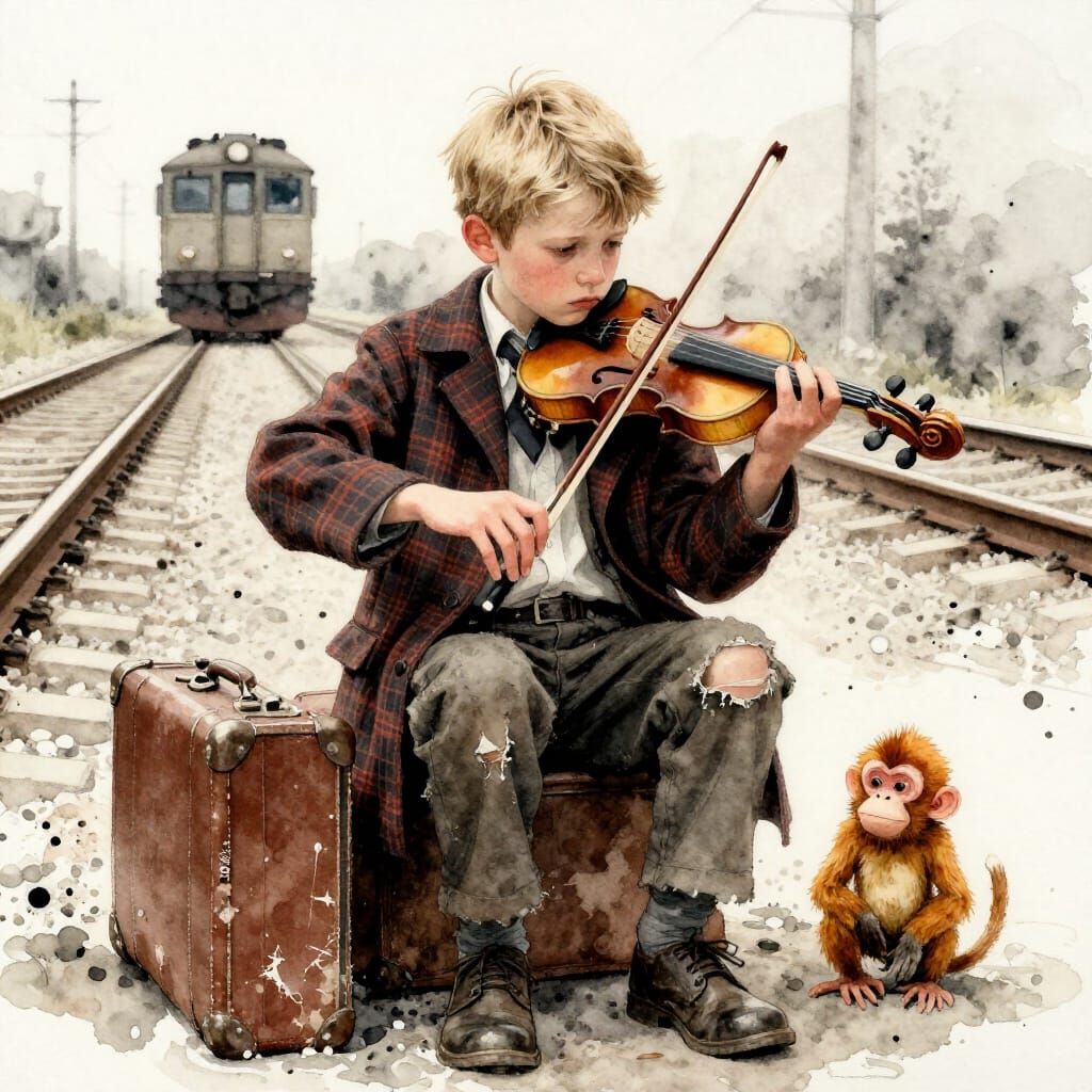 Sad Boy Plays Violin by Train Tracks in Watercolor Style