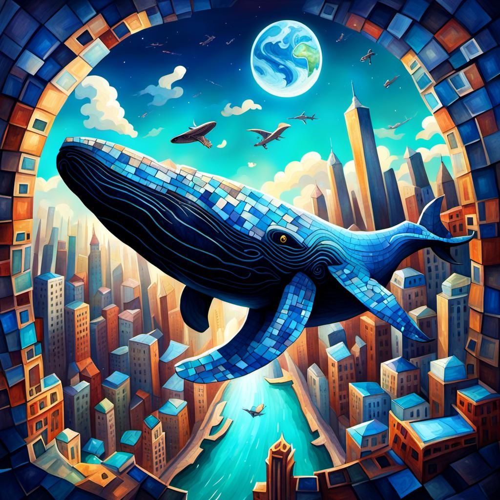 Sky Whale Over Modern City in Mosaic Fantasycore