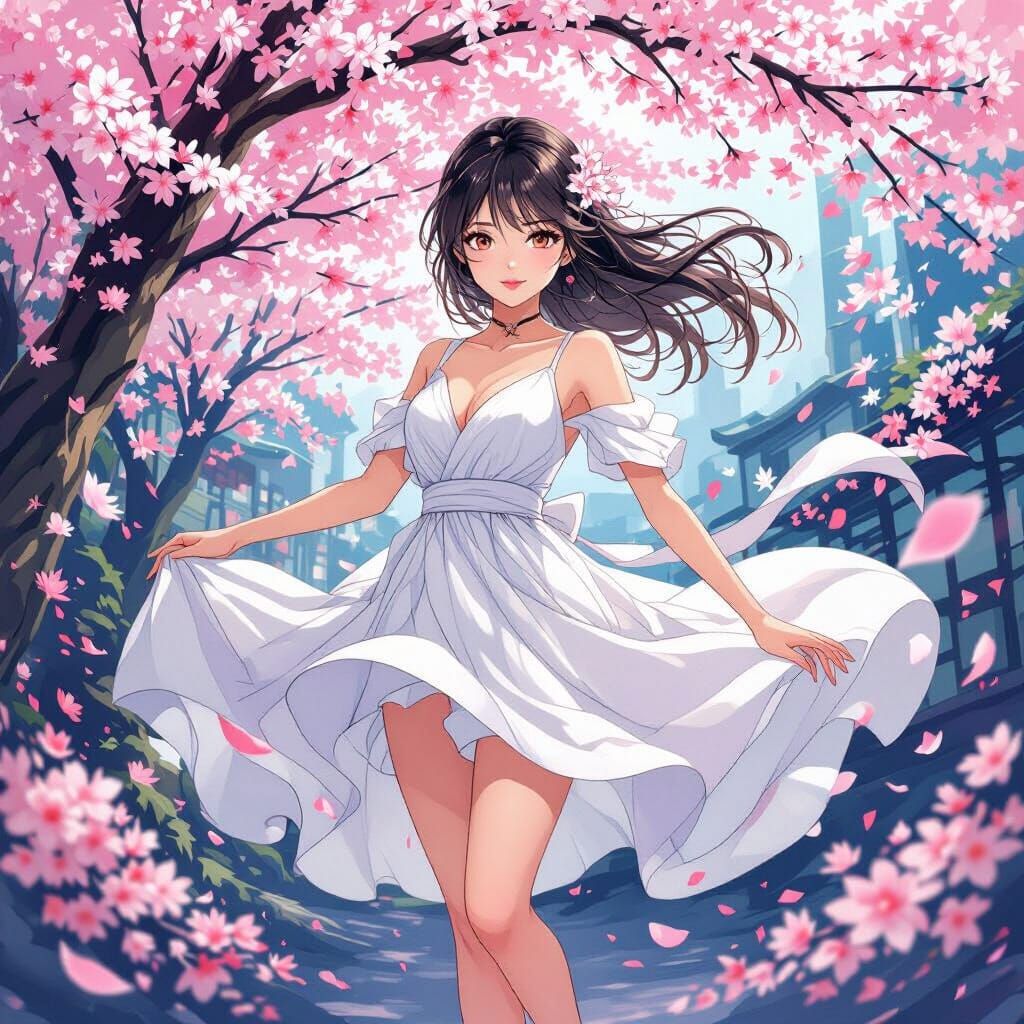 Anime-Inspired Painting of Woman in Cherry Blossoms
