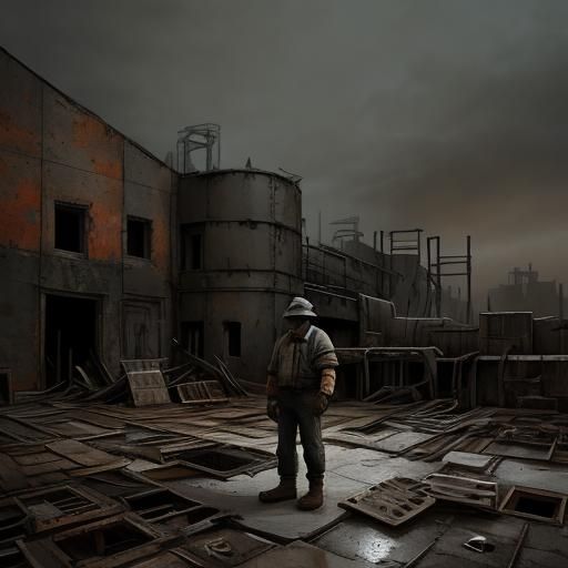 Industrial Landscape Painting of Worker at Pit